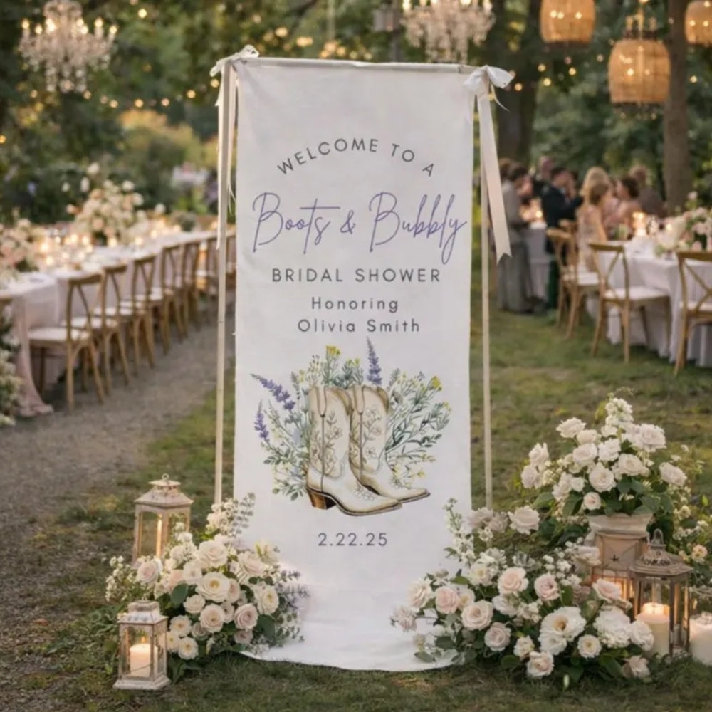 Boots And Bubbly Custom Cowgirl Bridal Shower Fabric Welcome Banner, Custom Western Fabric Welcome Banner For Bridal Party WD0213