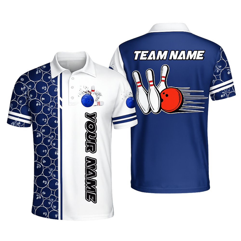 Men's Custom Team Blue White Bowling Polo Shirt, Custom Bowling Team Shirts BZ0446