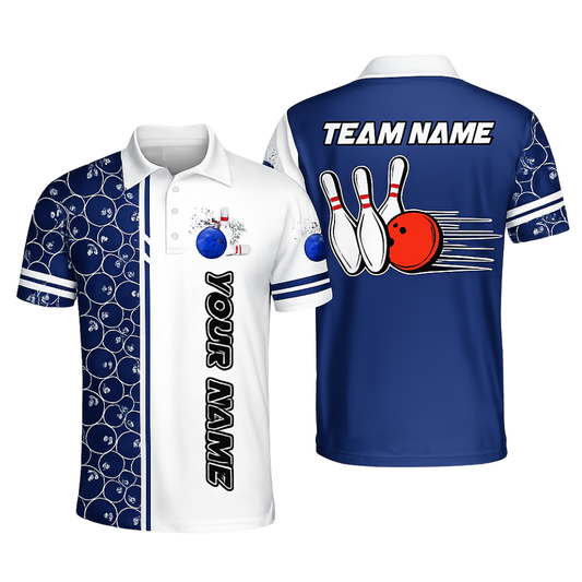 Men's Custom Team Blue White Bowling Polo Shirt, Custom Bowling Team Shirts BZ0446