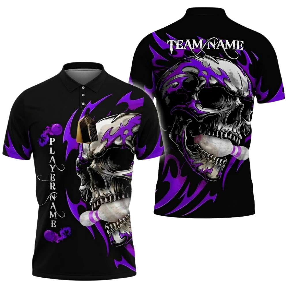 Custom Skull Black And Red Bowling Polo Shirt For Men, Custom Skull Bowling Team  Shirts BZ0795