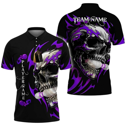 Custom Skull Black And Red Bowling Polo Shirt For Men, Custom Skull Bowling Team  Shirts BZ0795