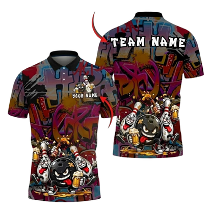 Custom Graffiti Funny Bowling Ball Drinking Beer Polo Shirts Mens, Custom Beer Graffiti Bowling Team Shirts BZ1056