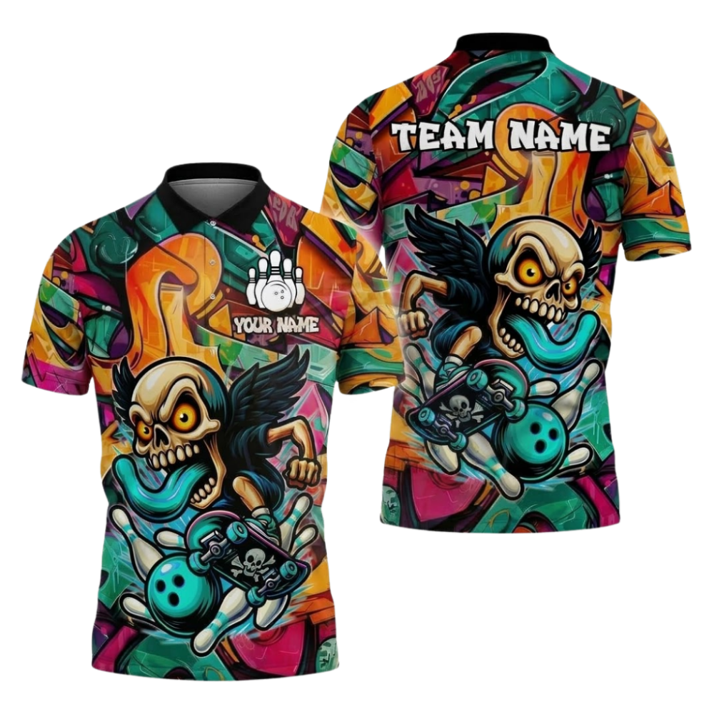 Custom Skull Graffiti Bowling Polo Shirt For Men, Custom Skull Bowling Team Shirt BZ1098