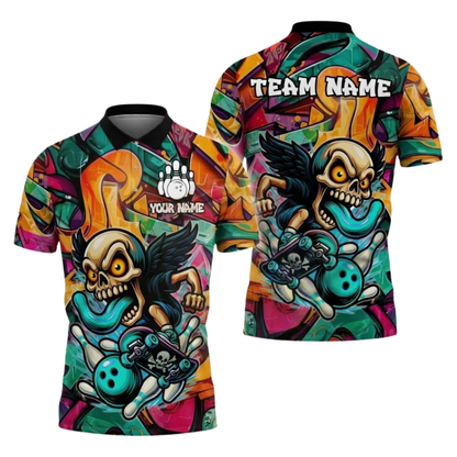 Custom Skull Graffiti Bowling Polo Shirt For Men, Custom Skull Bowling Team Shirt BZ1098