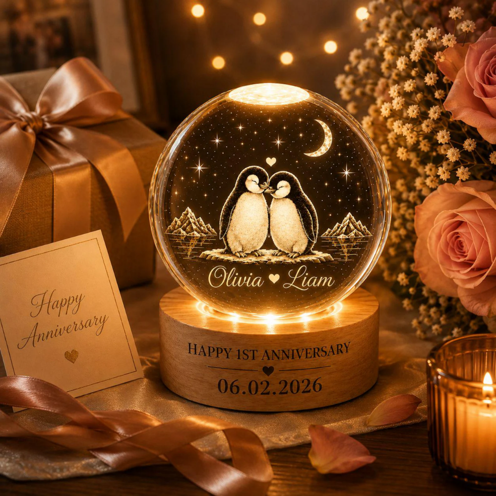 Custom Penguin 1st Anniversary Crystal Ball Led Night Light, Custom Penguin Couple Night Light WD0856