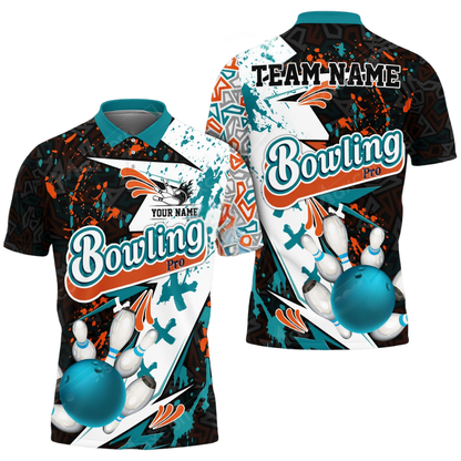 Custom Team Abstract Black Blue White Bowling Polo Shirt For Men, Custom Bowling Shirts BZ0779