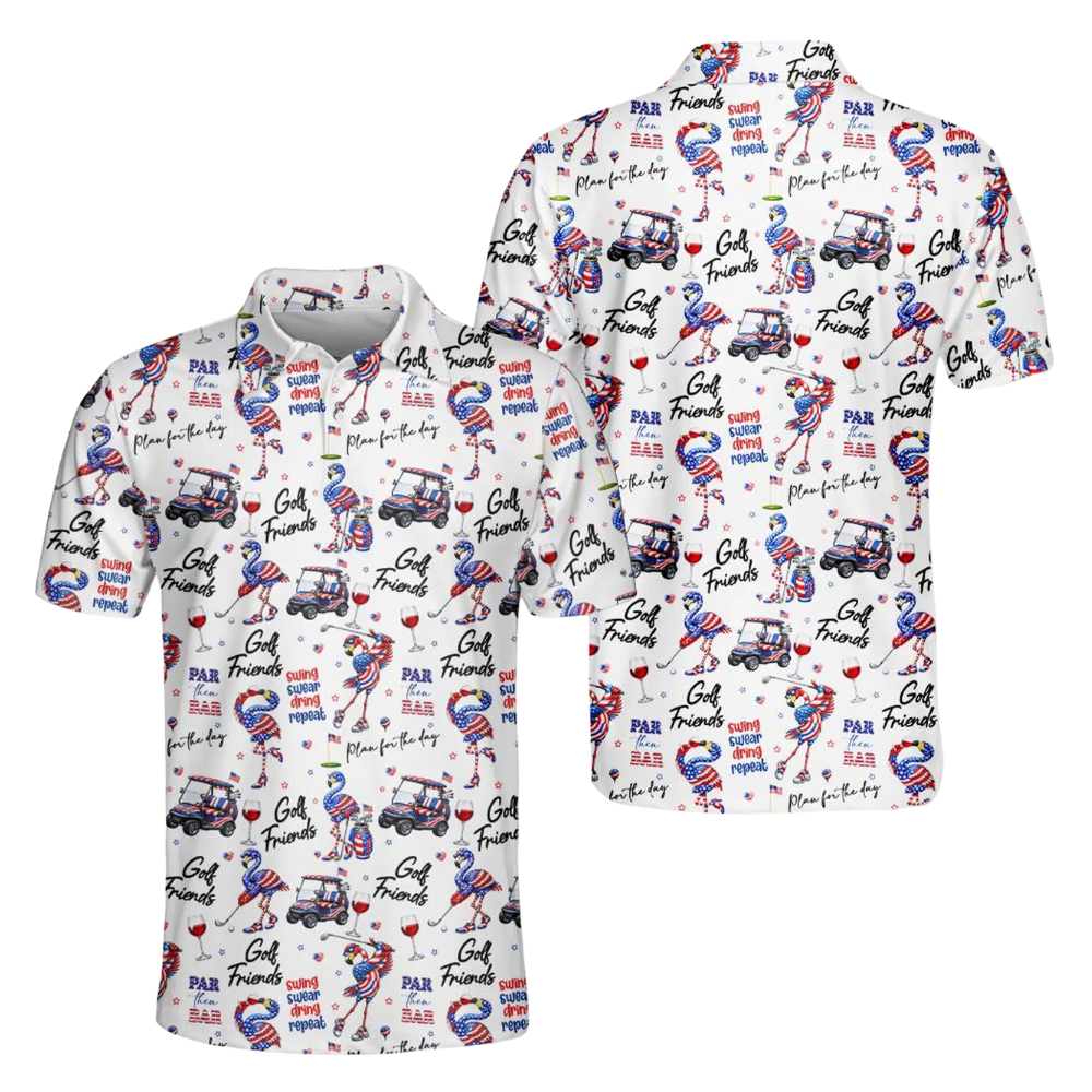 Par Then Bar Flamingo USA Flag Golf Men Polo Shirt, Funny Flamingo Patriotic Golf Shirts For 4th Of July GE0470
