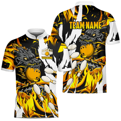 Custom Dragon Flame Bowling Mens Jersey Yellow White, Custom Dragon Team Bowling Shirts BZ0574