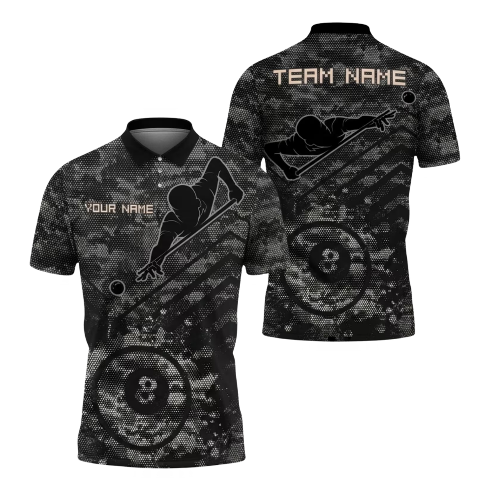 Custom Black Camo 8 Ball Billiard Polo Shirts For Men, Custom Camo Billiard Team Shirts BIE0067