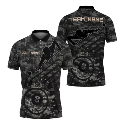 Custom Black Camo 8 Ball Billiard Polo Shirts For Men, Custom Camo Billiard Team Shirts BIE0067