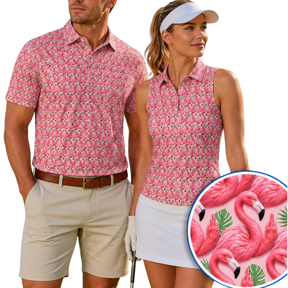 Pink Flamingo Tropical Matching His And Her Golf Shirt, Flamingo Couple Golf Shirt GE0587