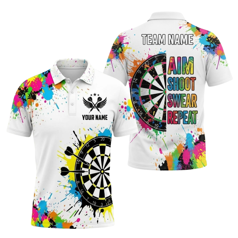 Aim Shoot Swear Repeat Custom Colorful Men Dart Polo Shirt, Custom Funny Dart Team Shirts DE0114