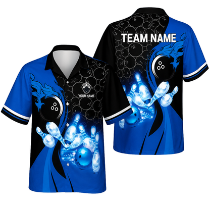 Custom Blue Flame Bowling Hawaiian Shirt For Men Women, Custom Flame Team Bowling Shirts BE0189