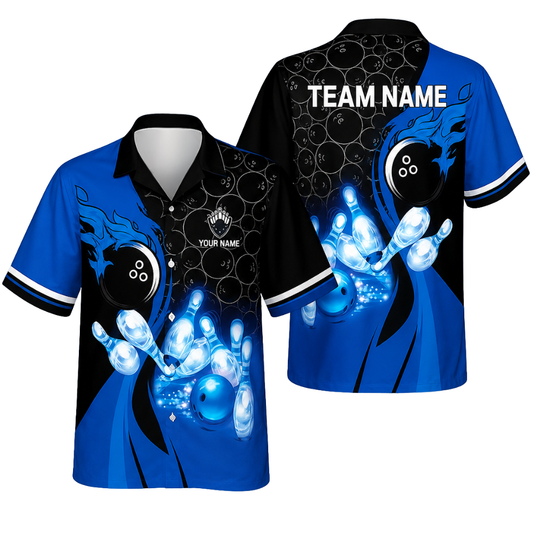 Custom Blue Flame Bowling Hawaiian Shirt For Men Women, Custom Flame Team Bowling Shirts BE0189
