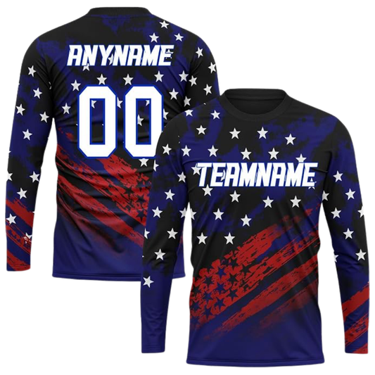 American Flag Custom Black Dirt Bike Long Sleeve Jersey For Men, Personalized Patriotic Dirt Bike Shirts For Team MZ0111