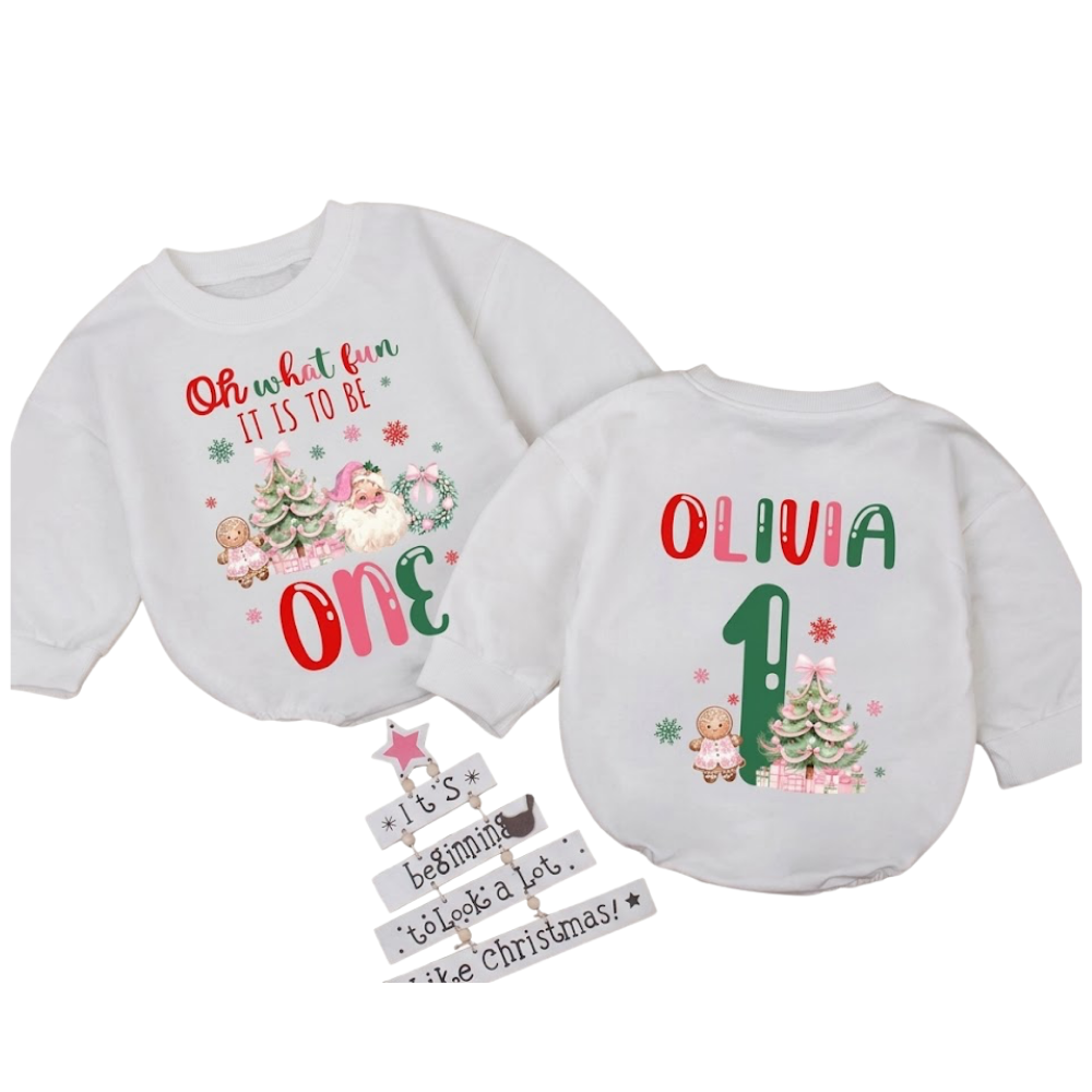 Oh What Fun To Be One Custom Christmas Baby Romper Sweatshirt, Custom First Birthday Xmas Romper Sweatshirt For Baby BB0526