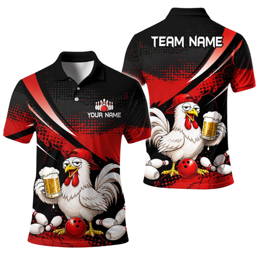 Custom Rooster Beer Bowling Polo Shirt For Men, Custom Chicken Bowling Team Shirts BE0206