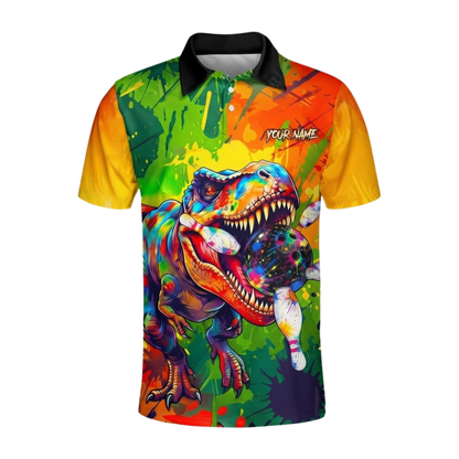 Custom T-Rex Colorful Men's Bowling Polo Shirt, Custom Dinosaur Bowling Team Shirt BZ0927