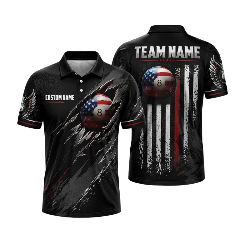Black And Red Custom American Flag 8 Ball Billiard Polo Shirt For Men, Custom Patriotic Team Billiard Shirts BIZ0330