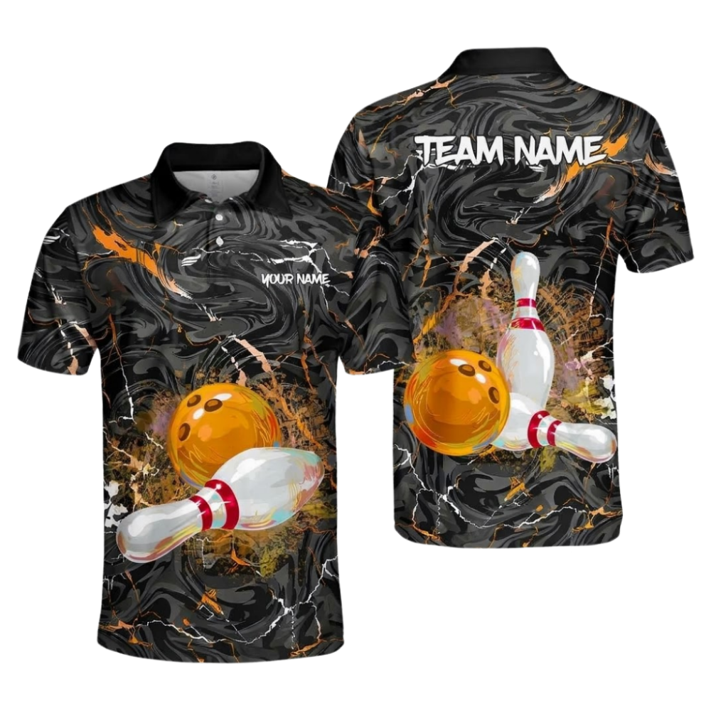 Custom Team Black Swirling Marbled Bowling Mens Polo Shirts, Custom Team Bowling Shirts BZ1092