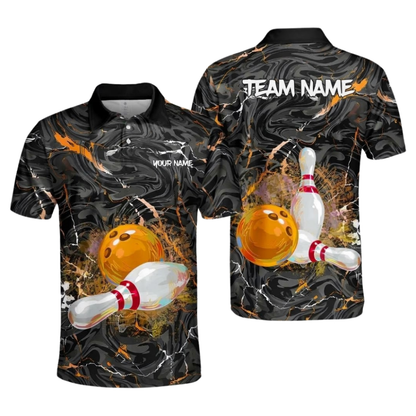 Custom Team Black Swirling Marbled Bowling Mens Polo Shirts, Custom Team Bowling Shirts BZ1092