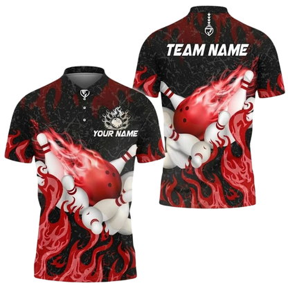 Custom Black And Cyan Flame Bowling Polo Shirt Mens, Custom Flame Team Bowling Shirts BZ0745