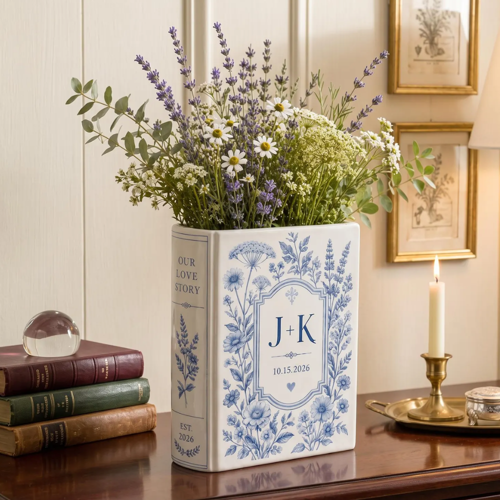 Custom Monogram Initials Couple Name Blue Wildflower Wedding Ceramic Book Vase, Custom Floral Wedding Engagement Book Vase WD0583