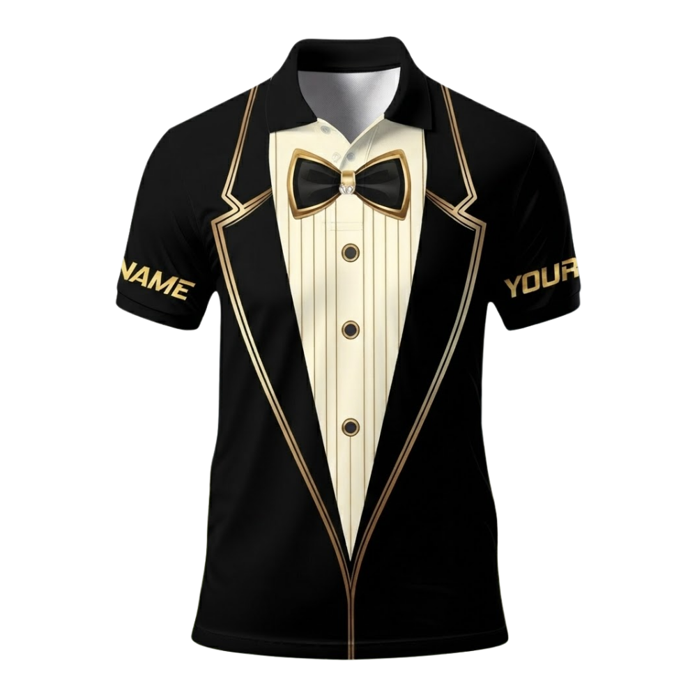 Tuxedo Mens Black And Gold Golf Polo Shirt, Tuxedo Golf Shirt GE0574