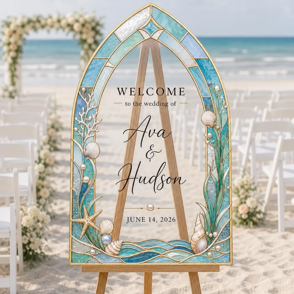Personalized Coastal Seashell Stained Glass Wedding Welcome Acrylic Mirror Sign, Custom Beach Destination Stained Glass Wedding Sign WD0736
