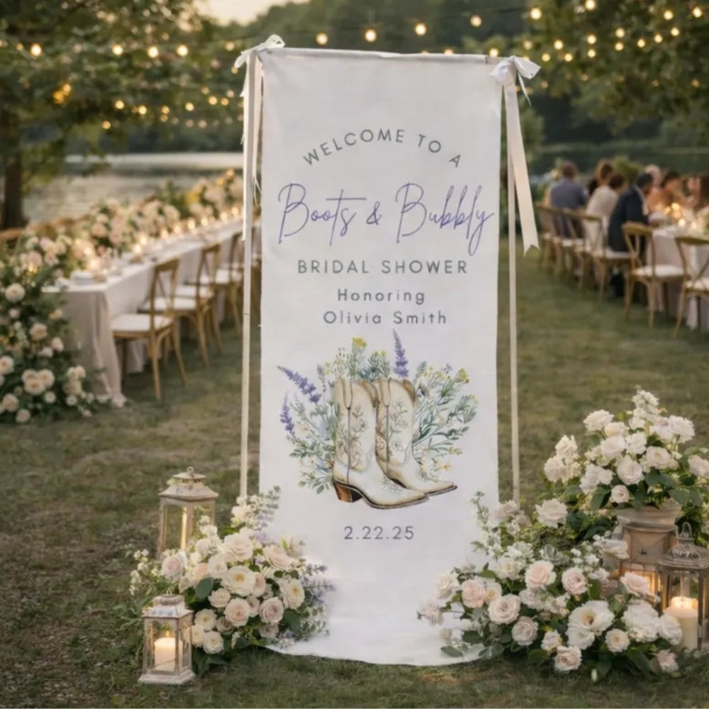 Boots And Bubbly Custom Cowgirl Bridal Shower Fabric Welcome Banner, Custom Western Fabric Welcome Banner For Bridal Party WD0213
