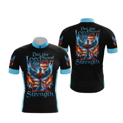 But The Lord Stood With Me And Gave Me Strength Cross USA Flag Cycling Short Sleeve Jersey For Men, Christian Faith Cycling Jerseys CG0538