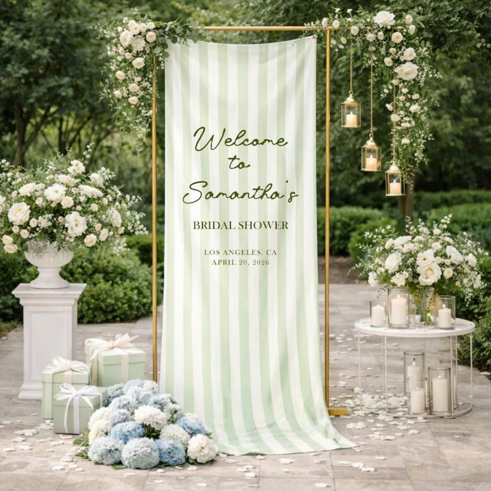 Custom Welcome To Bridal Shower Fabric Banner Green Striped, Custom Bridal Shower Welcome Banner WD0214