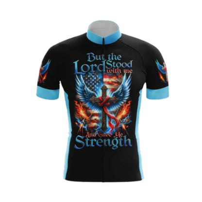 But The Lord Stood With Me And Gave Me Strength Cross USA Flag Cycling Short Sleeve Jersey For Men, Christian Faith Cycling Jerseys CG0538