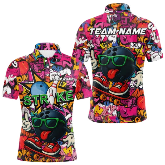 Custom Funny Ball Graffiti Pink Bowling Polo Shirt Men, Custom Graffiti Bowling Team Shirts BE0180