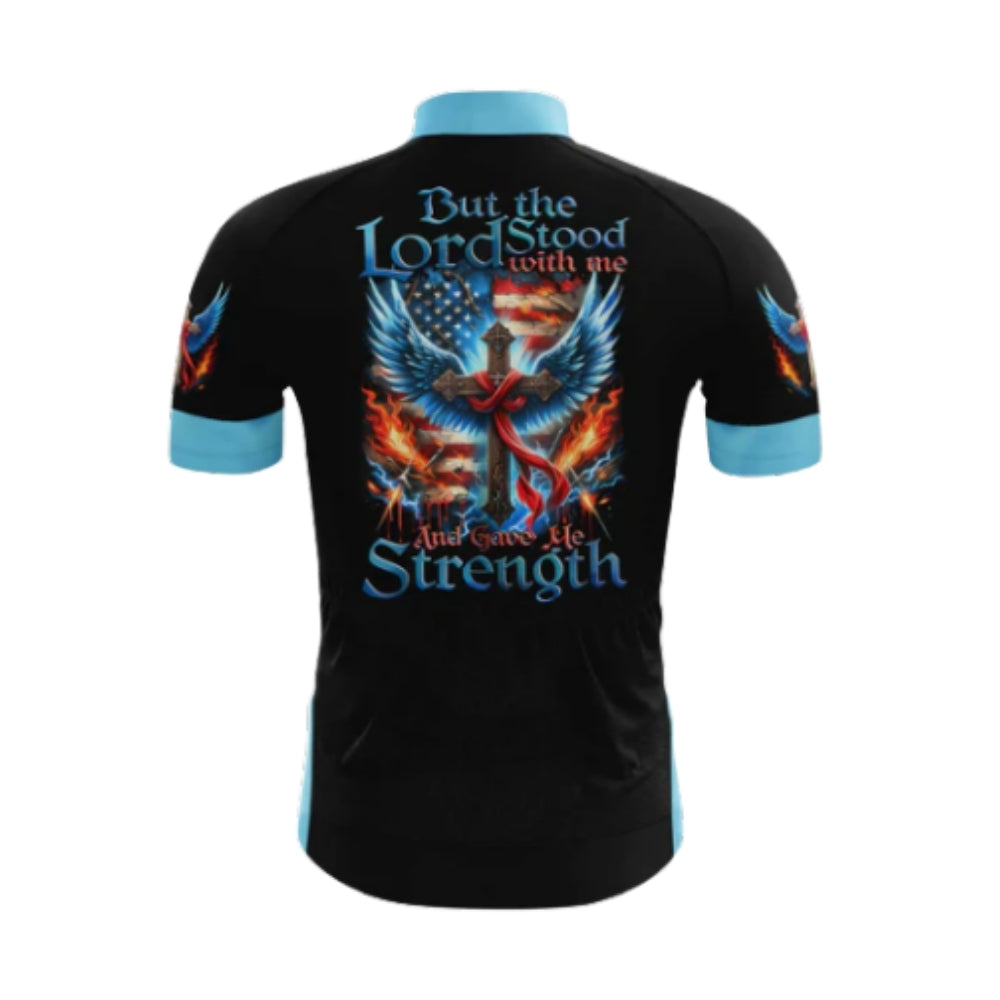 But The Lord Stood With Me And Gave Me Strength Cross USA Flag Cycling Short Sleeve Jersey For Men, Christian Faith Cycling Jerseys CG0538