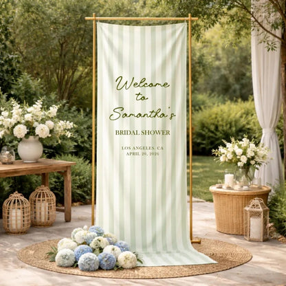 Custom Welcome To Bridal Shower Fabric Banner Green Striped, Custom Bridal Shower Welcome Banner WD0214