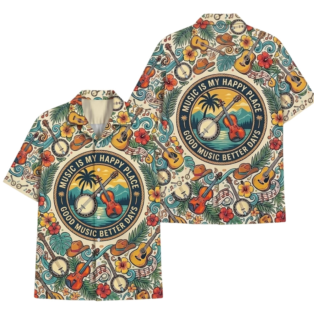 Music Is My Happy Place Good Music Better Day Vintage Hawaiian Shirts, Tropical Music Beach Hawaiian Shirts HE0337