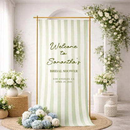 Custom Welcome To Bridal Shower Fabric Banner Green Striped, Custom Bridal Shower Welcome Banner WD0214