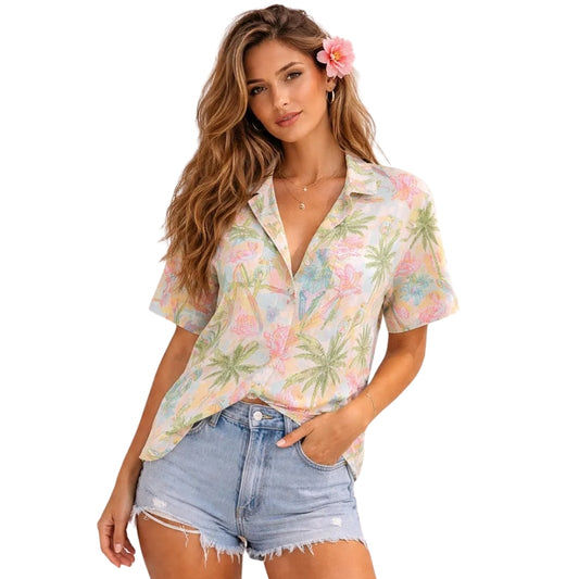 Women's Pastel Flamingo Parrot Hawaiian Shirts, Tropical Beach Hawaiian Shirts For Ladies HE0338