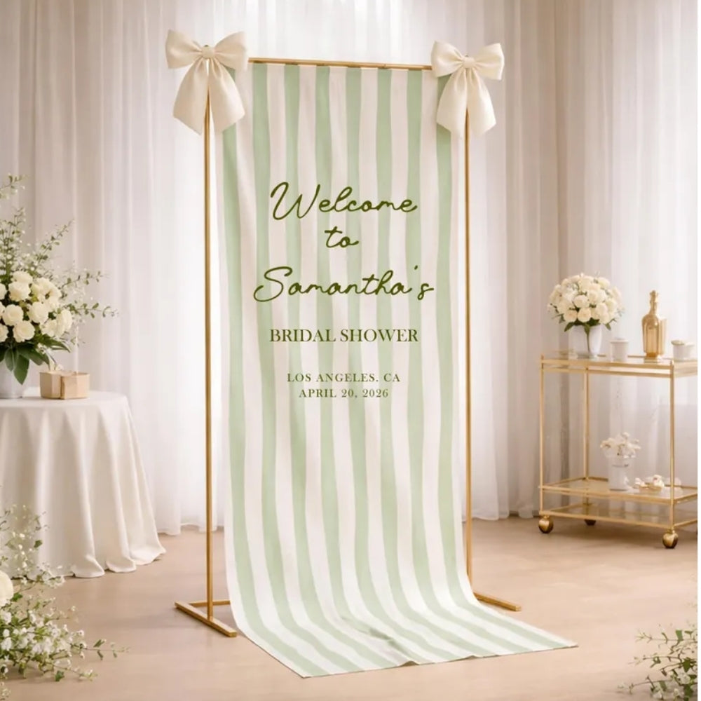 Custom Welcome To Bridal Shower Fabric Banner Green Striped, Custom Bridal Shower Welcome Banner WD0214