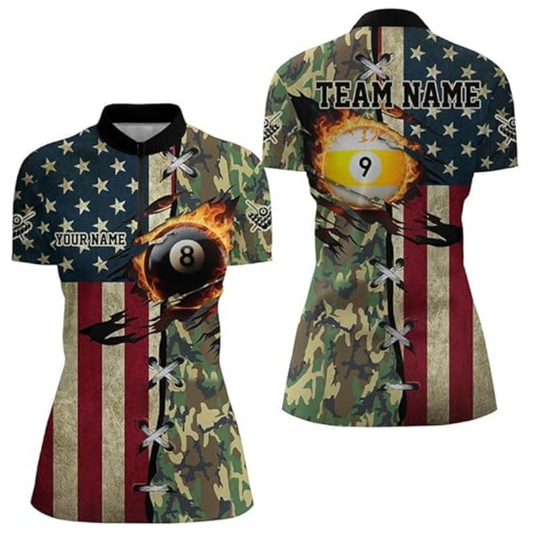 Custom Retro American Flag Camo Billiard Jersey For Women, Custom Patritoic Billiard Team Shirt For Ladies BIZ0225