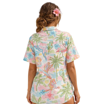 Women's Pastel Flamingo Parrot Hawaiian Shirts, Tropical Beach Hawaiian Shirts For Ladies HE0338