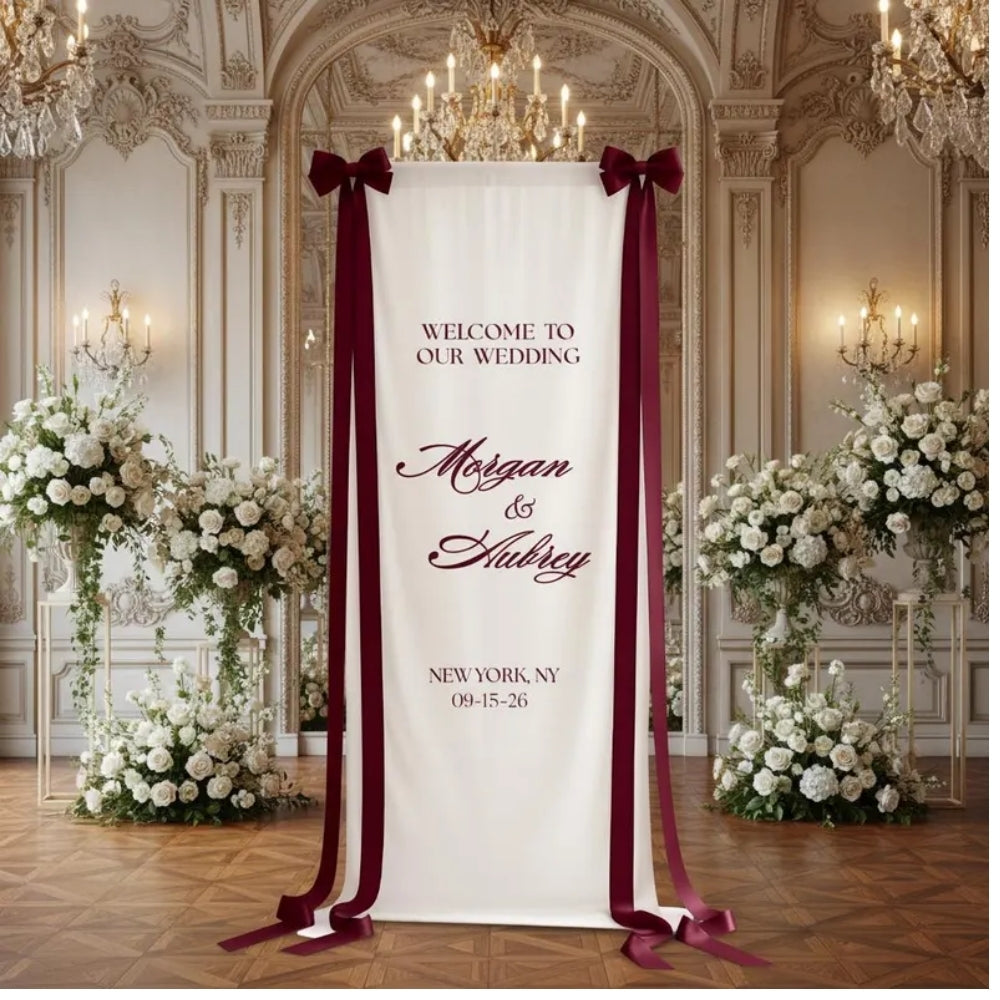 Personalized Wedding Fabric Welcome Sign With Maroon Ribbon, Custom Welcome Banner For Wedding WD0217