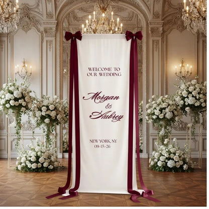 Personalized Wedding Fabric Welcome Sign With Maroon Ribbon, Custom Welcome Banner For Wedding WD0217