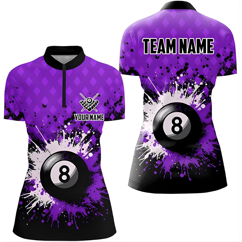 Custom 8 Ball Purple Billiard Jersey For Ladies, Women's Custom 8 Ball Billiard Team Shirts BIZ0212