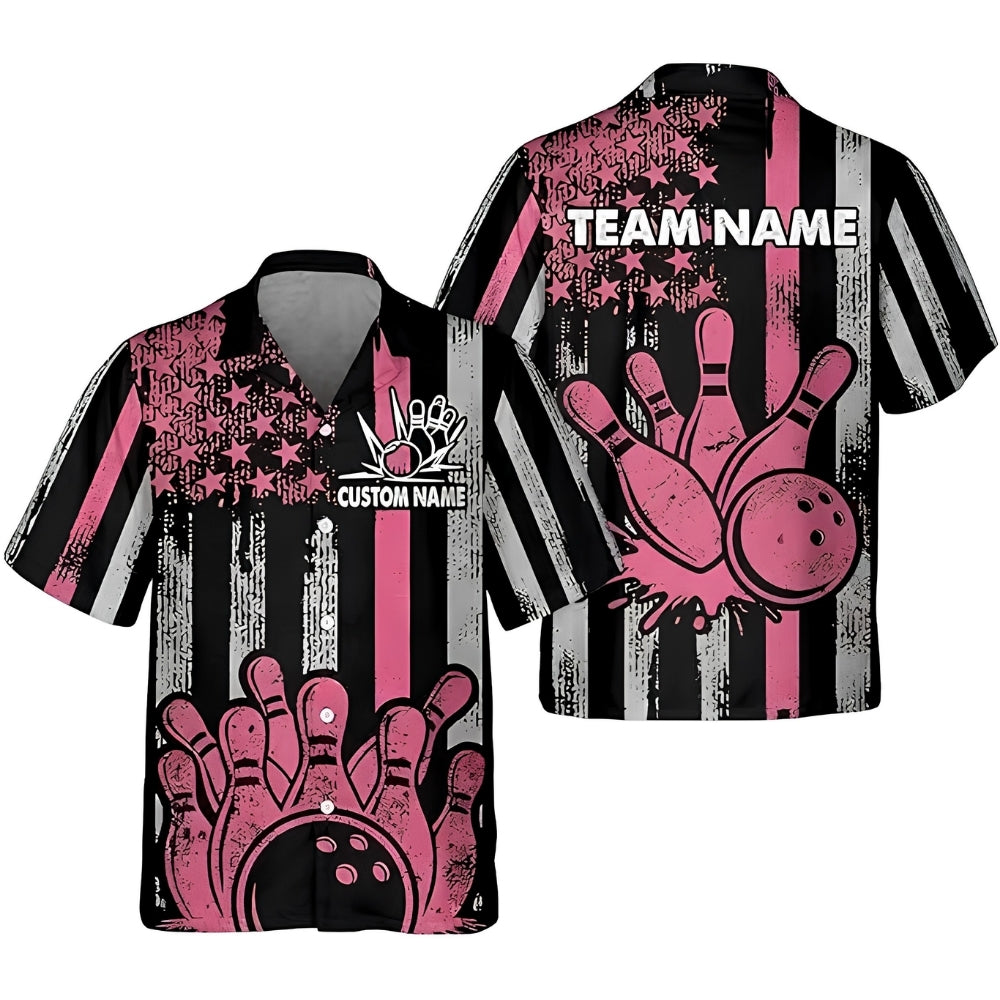 Custom Black Pink American Flag Bowling Hawaiian Shirt Womens, Custom Patriotic Bowling Team Shirts BZ0375