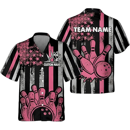 Custom Black Pink American Flag Bowling Hawaiian Shirt Womens, Custom Patriotic Bowling Team Shirts BZ0375