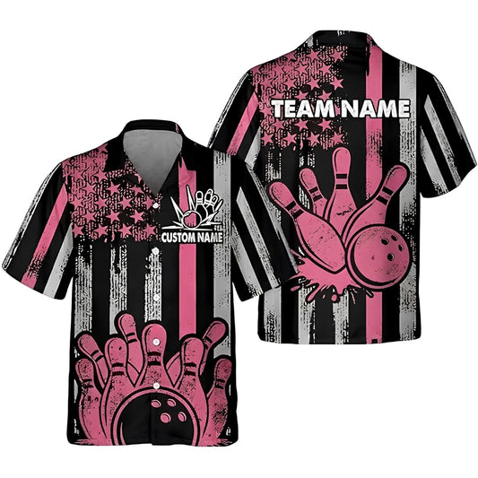 Custom Black Pink American Flag Bowling Hawaiian Shirt Womens, Custom Patriotic Bowling Team Shirts BZ0375