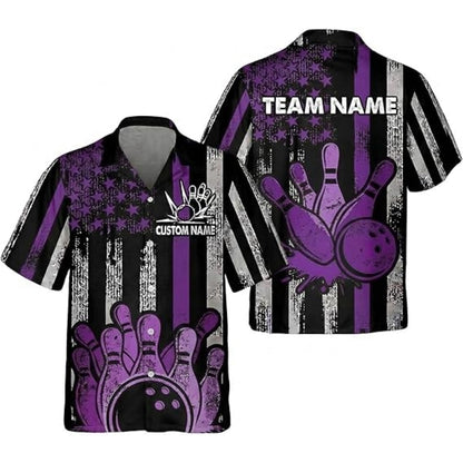 Custom Black Pink American Flag Bowling Hawaiian Shirt Womens, Custom Patriotic Bowling Team Shirts BZ0375