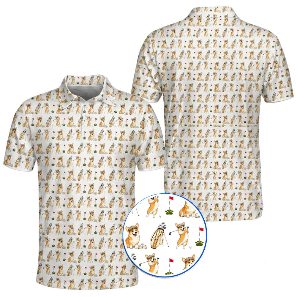 Funny Corgi Golfing Golf Polo Shirt Mens, Dog Corgi Golf Shirts GZ0390